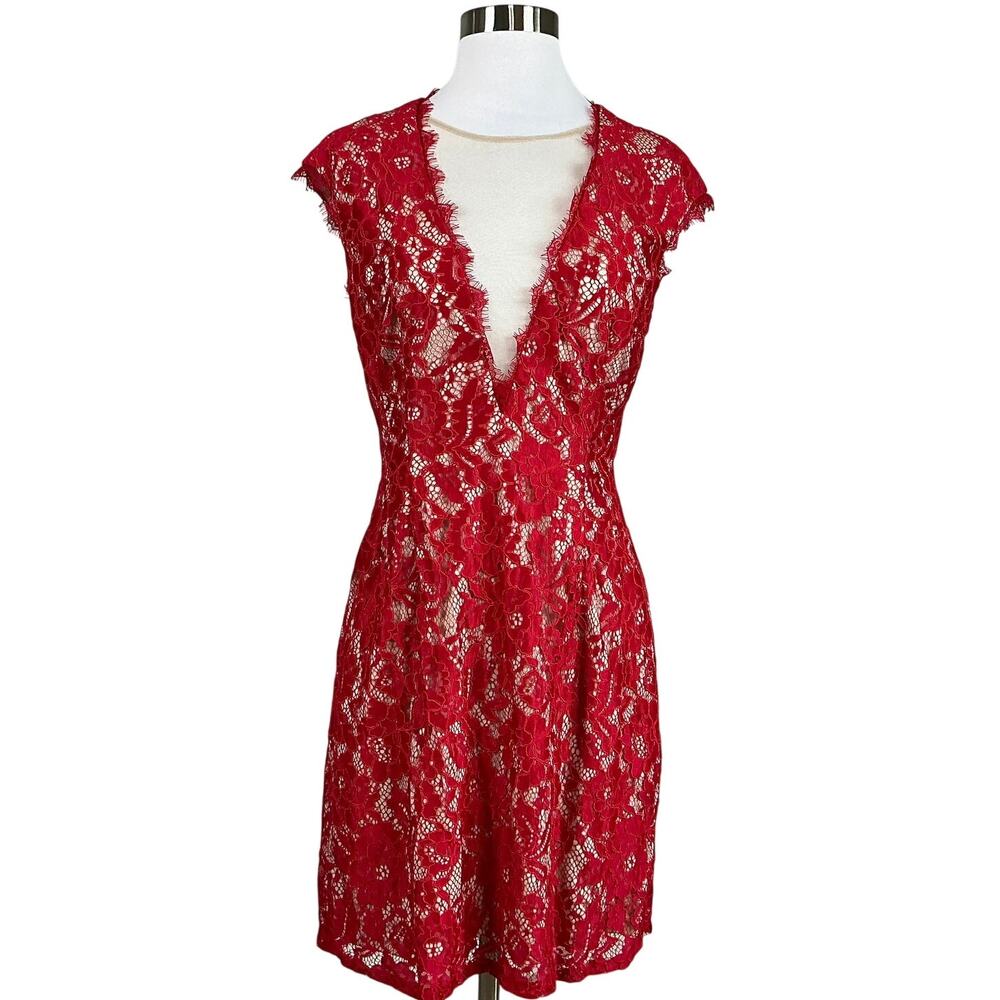 Aidan Mattox Red Lace Deep V Open Backless Colorf… - image 1